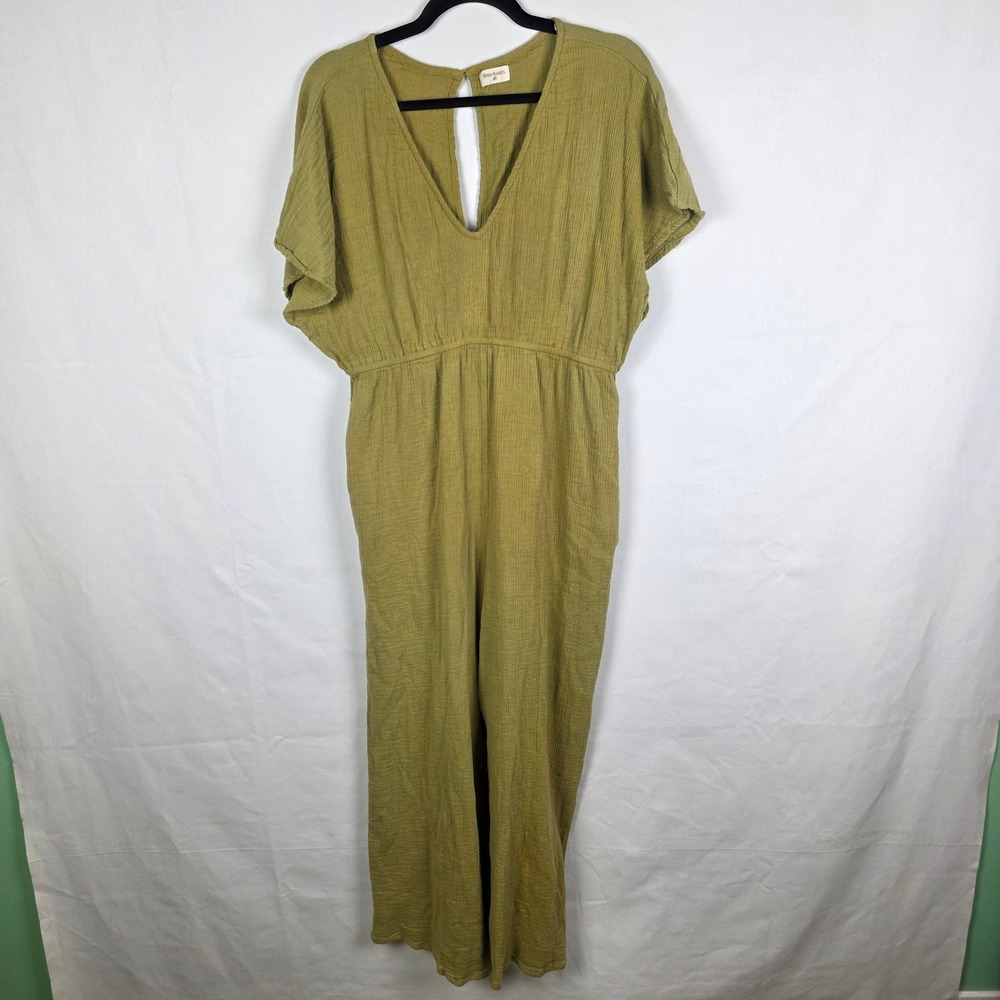 World Market Olive Green Cotton Gauze Wide Leg Jumpsuit L/XL V-Neck Boho